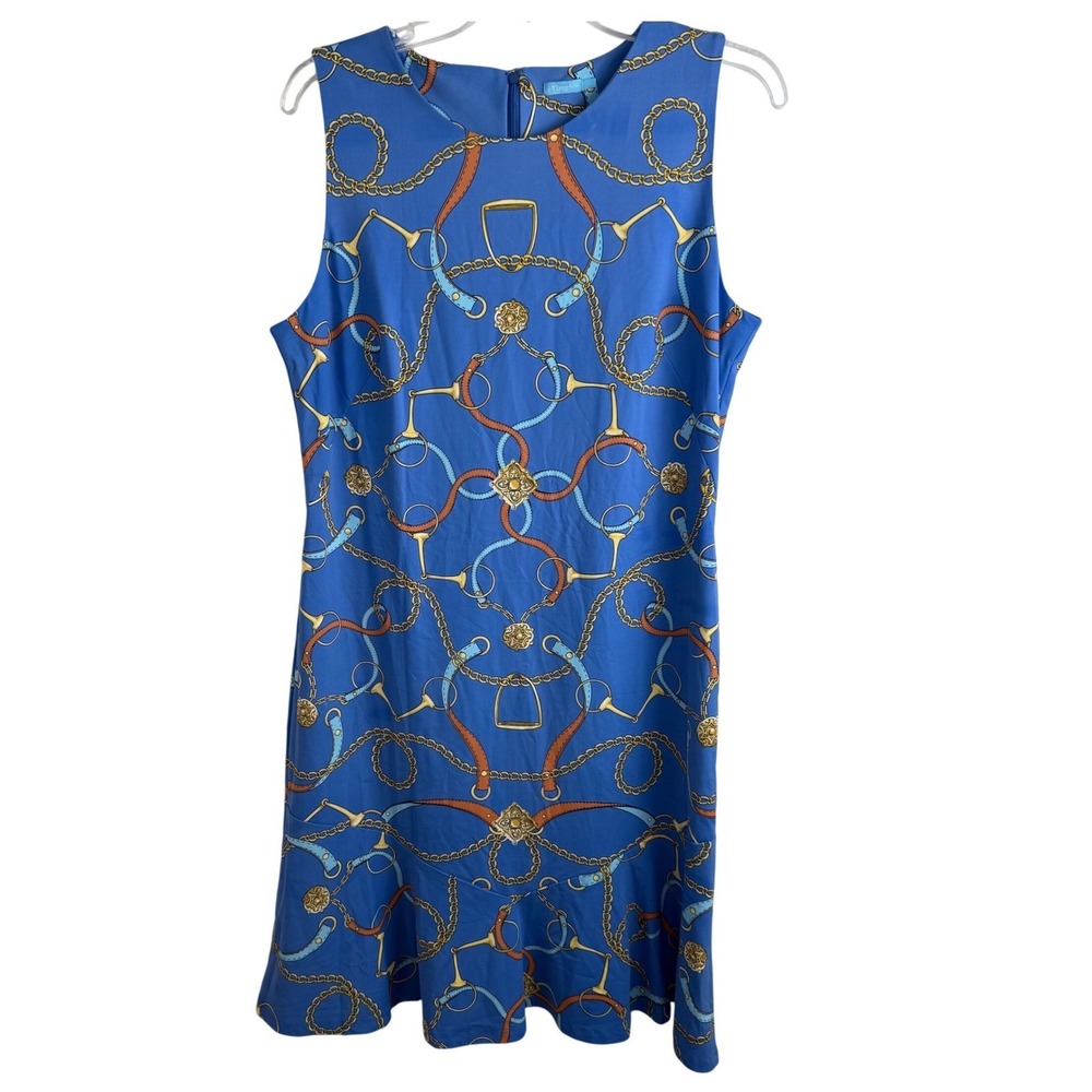 J.‎ McLaughlin Carmen flounce dress blue, orange, and gold equestrian print Lg